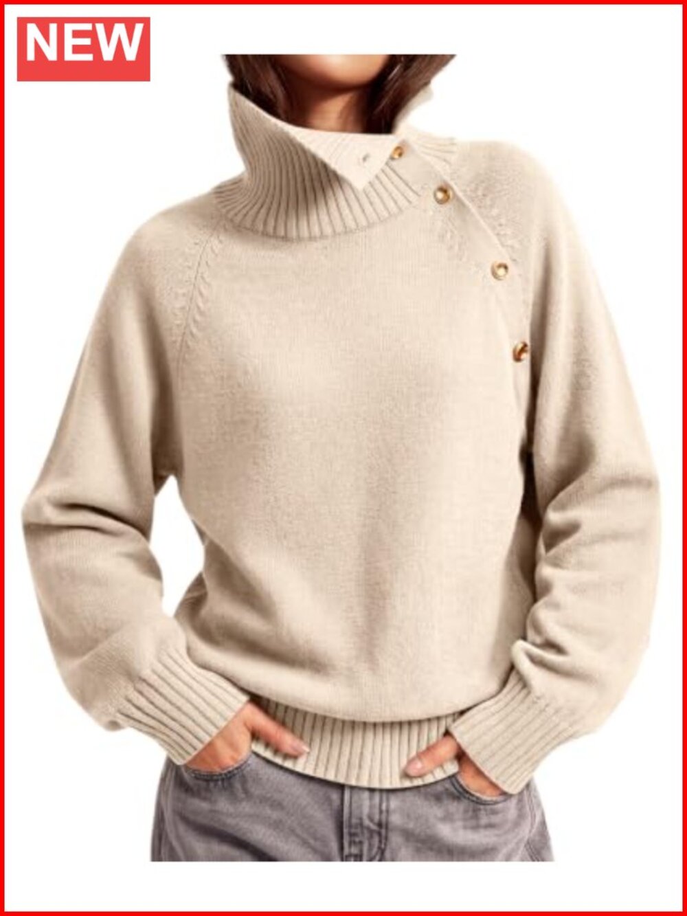 Oversized Turtleneck Knit Pullover Sweater Gold Button Retro Fall